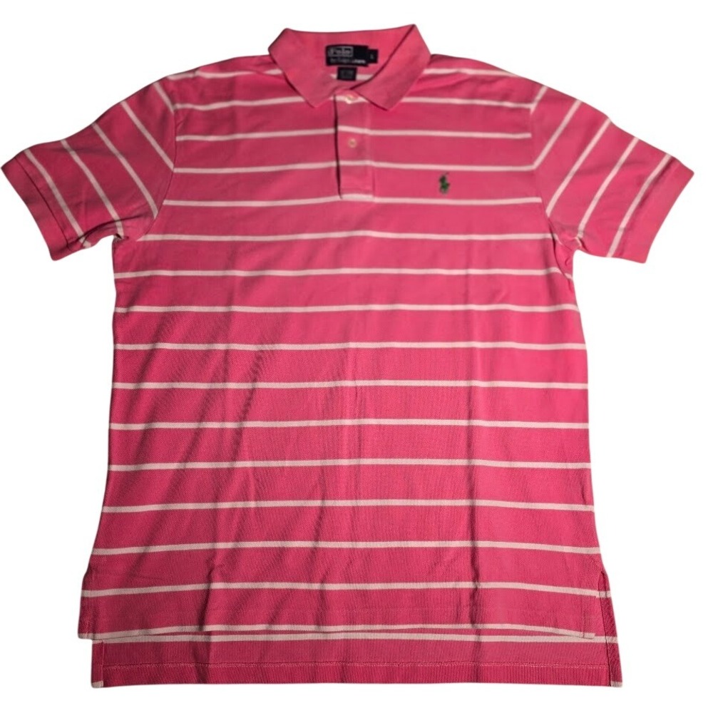 Polo Ralph Lauren Mens Pink White Striped Short Sleeve Polo Shirt Size L 959